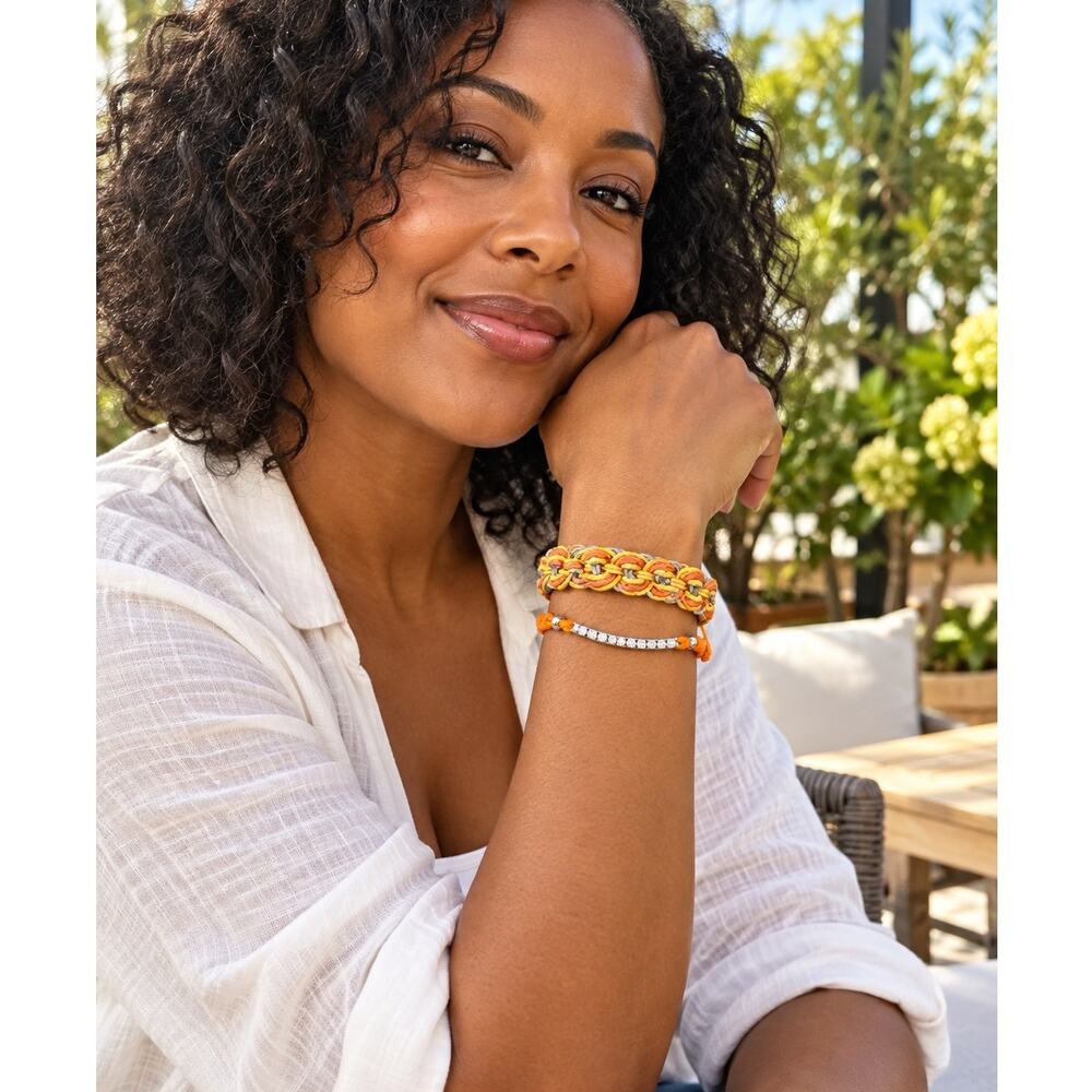 Two Cord Bracelets, Orange Sparkling Bar and Multicolor Woven Band
